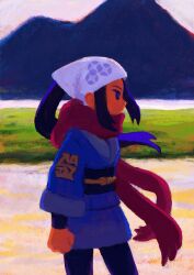  1girl absurdres akari_(pokemon) black_eyes closed_mouth commentary_request cowboy_shot from_side headscarf highres japanese_clothes long_hair mountain outdoors pokemon pokemon_(creature) pokemon_legends:_arceus red_scarf scarf solo waniwanii.com white_headscarf 