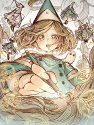 1boy 4girls agott_arklaum_(tongari_boushi_no_atelier) black_hair blue_eyes blue_hair brushbuddy coco_(tongari_boushi_no_atelier) glasses green_eyes green_hair hat hat_tassel highres holding holding_pen long_hair multiple_girls o0ohnto0o open_mouth pen qifrey's_atelier_apprentice_uniform qifrey_(tongari_boushi_no_atelier) richeh_(tongari_boushi_no_atelier) round_eyewear short_hair tassel tetia_(tongari_boushi_no_atelier) tongari_boushi_no_atelier white_hair 