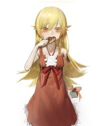  1girl blonde_hair collarbone commentary_request doughnut dress food food_in_mouth frills hair_between_eyes highres holding holding_donut holding_food long_hair looking_at_viewer mieze_nie monogatari_(series) orange_eyes oshino_shinobu red_dress simple_background sleeveless sleeveless_dress solo vampire 