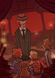  1girl 3boys absurdres arms_at_sides black_necktie black_suit blonde_hair blue_shirt blue_shorts boney book brown_hair brown_hat bug candelabra candle candlestand closed_mouth commentary curtains dog duster_(mother) english_commentary facial_hair fire glasses hat highres hooded_dress indoors kumatora large_nose leder_(mother) lucas_(mother_3) melsnoodles mother_(series) mother_3 multiple_boys mustache necktie on_floor opaque_glasses pants pile_of_books pink_hair red_pants red_shoes scene_reference shirt shoes shorts sitting size_difference striped_clothes striped_shirt suit tall_male white_hair 