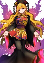  168namu3 1girl absurdres black_dress blonde_hair chinese_clothes commentary crescent_print dalachi_(headdress) dress highres junko_(touhou) long_hair looking_at_viewer multiple_tails red_eyes red_tabard solo tabard tail touhou wide_sleeves 