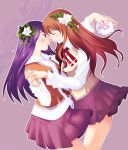  blush brown_hair closed_eyes flower fujino_shizuru hair_flower hair_ornament hand_holding holding_hands incipient_kiss kana1104 kuga_natsuki long_hair multiple_girls mutual_yuri my-hime profile purple_hair rose school_uniform simple_background skirt teramoto_kaoru white_rose yuri 