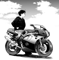  1boy boots commentary_request full_body glasses greyscale hands_in_pockets hatimoto highres hood hoodie looking_to_the_side male_focus monochrome motor_vehicle motorcycle on_motorcycle original pants sitting solo suzuki_(company) suzuki_gsx-r400 