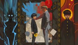  2boys black_hair black_jacket bob_cut brown_hair dual_persona english_commentary faceless faceless_male flower from_side genel_jumalon glowing glowing_eyes grey_suit halo hand_in_pocket hand_on_another's_shoulder highres holding holding_flower jacket kageyama_shigeo kageyama_shigeo_(???) mob_psycho_100 multiple_boys reigen_arataka school_uniform short_hair suit sunflower 