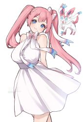  1girl arms_behind_back bare_shoulders blue_eyes blush bow breasts chami_(charming621) commentary_request dress eyelashes hair_between_eyes hair_bow highres huge_breasts humanization long_hair looking_at_viewer pink_hair pokemon ribbon smile solo sylveon twintails white_background white_dress 