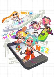  absurdres baseball_cap bike_shorts braid cichuweijia commentary_request game_console grid_background hammer hat highres index_finger_raised inkling inkling_girl inkling_player_character nintendo nintendo_switch nintendo_switch_2 octoling octoling_girl octoling_player_character shoes short_shorts shorts single_braid smallfry_(splatoon) sneakers splatoon_(series) splatoon_1 splatoon_2 splatoon_2:_octo_expansion splatoon_3 splatoon_raiders suction_cups tentacle_hair v wii_u 