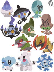  absurdres axew beartic beheeyem black_sclera chandelure chibi chibi_only claws closed_mouth colored_sclera commentary_request cryogonal cubchoo elgyem fangs fire fraxure full_body green_eyes haxorus highres lampent litwick no_humans nostrils one_eye_covered open_mouth pokemon pokemon_(creature) pokemon_focus purple_fire red_eyes signature simple_background sitting smile snot solid_oval_eyes t_tsudaka white_background yellow_eyes 