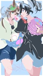  2girls ahoge animal_ears ball baseball baseball_(object) baseball_jersey baseball_mitt black_hair black_jersey black_shirt blue_eyes blue_shorts breasts brown_hair ear_covers echoo hair_between_eyes hair_ornament highres holding horse_ears horse_girl jacket jersey jewelry katsuragi_ace_(umamusume) long_hair long_sleeves mr._c.b._(umamusume) multicolored_hair multiple_girls necklace open_mouth ponytail shirt shorts smile streaked_hair tassel tassel_hair_ornament teeth umamusume white_hair white_jacket 