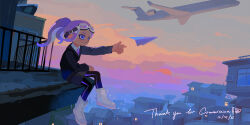  1girl aircraft airplane black_leggings black_shorts boots cobii_illu commentary commission dated dusk full_body goggles goggles_on_head high_ponytail highres leggings leggings_under_shorts long_hair looking_ahead octoling octoling_girl octoling_player_character outdoors paper_airplane ponytail purple_hair shorts sitting solo splatoon_(series) tentacle_hair thank_you untranslatable_commentary violet_eyes white_boots 