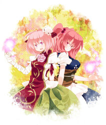 2girls ahoge bandaged_arm bandages blue_dress blush breasts bun_cover commentary_request double_bun dress flower flower_ornament green_skirt hair_bobbles hair_bun hair_ornament ibaraki_kasen medium_breasts multiple_girls nekotya obi obidome obijime onozuka_komachi pink_flower pink_hair pink_rose puffy_short_sleeves puffy_sleeves red_hair red_tabard rose sash shirt short_sleeves skirt smile tabard touhou white_overskirt white_shirt 