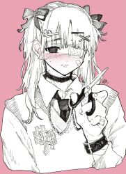  1boy bandaid bandaid_on_face bandaid_on_finger bandaid_on_hand blunt_bangs blush choker collared_shirt cross_hair_ornament crossdressing crossdressing_(mtf) dot_nose eyepatch hair_ornament highres holding holding_scissors lace-trimmed_choker lace_trim long_hair male_focus medical_eyepatch multiple_moles necktie one_eye_covered original partially_colored pink_background ribbon school_uniform scissors shirt simple_background sweater_vest text_hair_ornament three9moon two_side_up wrist_belt 