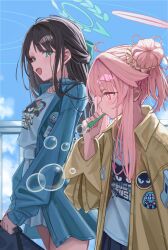  2girls airi_(band)_(blue_archive) airi_(blue_archive) animal_print aqua_bow aqua_eyes aqua_halo bag black_bag blowing_bubbles blue_archive blue_jacket blue_skirt bow cat_print commentary from_side hair_bow hair_bun half_updo halo highres holding holding_bag jacket long_hair looking_at_another masute multiple_girls natsu_(band)_(blue_archive) natsu_(blue_archive) official_alternate_costume official_alternate_hairstyle open_clothes open_jacket pink_eyes pink_hair pink_halo pleated_skirt shirt short_hair single_side_bun skirt untranslatable_commentary white_shirt white_skirt yellow_jacket 