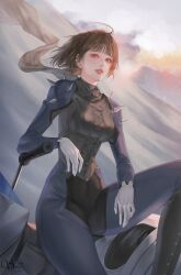  1girl birthday black_scarf blue_bodysuit bodysuit breasts brown_hair clouds cloudy_sky elbow_rest english_commentary feet_out_of_frame floating_scarf gloves highres joanna_(persona_5) knee_up lips looking_at_viewer medium_breasts motor_vehicle motorcycle niijima_makoto on_motorcycle outdoors parted_lips persona persona_5 persona_5_the_royal pink_lips queen_(persona_5) red_eyes scarf short_hair shoulder_spikes sitting sky solo solyu spikes white_gloves 
