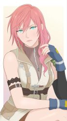  1girl blue_gloves border closed_mouth commentary final_fantasy final_fantasy_xiii fingerless_gloves gloves gradient_background green_eyes hair_between_eyes highres lightning_farron long_hair looking_at_viewer parted_bangs pink_hair simple_background single_shoulder_pad sleeveless sleeveless_turtleneck smallspoonsalt solo turtleneck upper_body white_border yellow_background 
