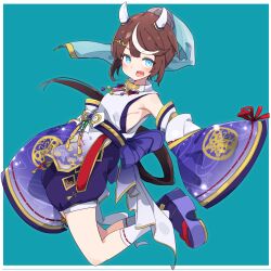  1girl :d bare_shoulders blue_eyes blush brown_hair commentary_request detached_sleeves double-parted_bangs fang full_body highres horns horse_girl long_sleeves looking_at_viewer multicolored_hair okobo open_mouth platform_sandals purple_sandals purple_shorts purple_sleeves ribbon-trimmed_sleeves ribbon-trimmed_socks ribbon_trim sandals shirt short_hair shorts simple_background skin_fang sleeveless sleeveless_shirt sleeves_past_fingers sleeves_past_wrists smile socks solo tokai_teio_(umamusume) totomono two-tone_hair umamusume white_hair white_horns white_shirt white_socks 
