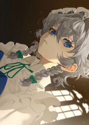  1girl absurdres blue_dress blue_eyes bow braid collared_shirt commentary dress green_bow green_ribbon grey_hair hair_bow highres izayoi_sakuya looking_at_viewer maid maid_headdress neck_ribbon ribbon shadow shimiya_jin shirt solo touhou twin_braids white_shirt 