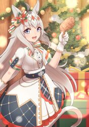  1girl ahoge animal_ears blue_eyes blush bow bowtie breasts center_frills chicken_(food) chicken_leg christmas christmas_present christmas_tree commentary_request food frills gift gloves grey_hair hair_ornament highres holding holding_food horse_ears horse_girl jacket long_hair looking_at_viewer marian_oekaki multicolored_bow multicolored_bowtie multicolored_ribbon official_alternate_costume oguri_cap_(ashen_miracle)_(umamusume) oguri_cap_(umamusume) open_mouth ribbon shirt short_sleeves smile solo teeth turkey_(food) umamusume upper_teeth_only white_gloves white_jacket white_shirt 