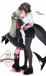  2girls animal_bag artist_name bear_bag black_dress black_hair black_pantyhose black_shoes black_skirt blush closed_eyes closed_mouth colored_inner_hair commentary_request corin_wickes dress ellen_joe ellen_joe_(on_campus) fins fish_tail from_side green_hair grin highres holding_hands long_hair maid maid_headdress mole mole_under_eye multicolored_hair multiple_girls official_alternate_costume pantyhose parted_lips razor_blade_hair_ornament red_nails scar scar_on_tail screw_hair_ornament shark_girl shark_tail shirt shoes short_hair skirt smile sweatdrop tail tiptoes white_background white_shirt yumefukura yuri zenless_zone_zero 