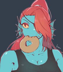  1girl 2d anthro aqua_background artist_name black_eyepatch black_tank_top blue_skin breasts cleavage colored_sclera colored_skin colored_teeth dark_background digital_media doughnut ear_fins eyepatch female female_only fins fish fish_girl food food_in_mouth gills head_fins high_ponytail highres kosafordraw long_hair monster monster_girl outline ponytail portrait red_hair sharp_teeth signature simple_background slit_pupils solo tank_top teeth third-party_source undertale undyne utdr_(toby_fox) white_outline yellow_sclera yellow_teeth 