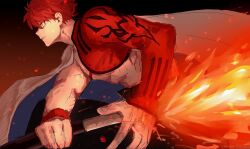  1boy black_background black_pants blue_cape brown_eyes cape closed_mouth commentary_request emiya_shirou fate/grand_order fate_(series) fingernails fire floating_cape from_side gradient_background hair_between_eyes highres holding holding_sword holding_weapon hyper_morimori igote looking_to_the_side male_focus muscular muscular_male on_one_knee pants red_background red_hair senji_muramasa_(fate) short_hair simple_background solo spiky_hair sword tearing_up two-sided_cape two-sided_fabric v-shaped_eyebrows weapon white_cape wristband 