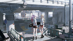  2girls 3d absurdres alley brick_wall graffiti highres indie_virtual_youtuber jacket multiple_girls nangong_seyana original paint_can shoes skateboard sneakers streetwear suzuki_hina tanaka_hime trash_can virtual_youtuber yuri 