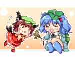  :3 animal_ears backpack bag blue_hair brown_hair cat_ears cat_tail cat_tails chen chibi earrings hat jewelry kawashiro_nitori lowres multiple_girls tail touhou zipang 