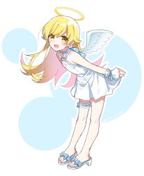  1girl :d absurdres angel angel_wings arms_at_sides bare_arms bare_legs bare_shoulders blonde_hair blush blush_stickers commentary_request dotted_background dress fang feathered_wings feathers full_body halo high_heel_sandals high_heel_slides high_heels highres leaning_forward leg_ribbon long_hair looking_at_viewer manimani_(mani_ma) monogatari_(series) open_mouth oshino_shinobu pointy_ears ribbon sandals short_dress simple_background sleeveless sleeveless_dress smile solo thigh_ribbon traditional_halo two-tone_dress white_dress white_sandals white_wings wings wrist_cuffs yellow_eyes yellow_halo 