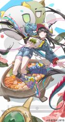  1girl arknights arknights:_endfield black_hair blue_coat chen_qianyu_(arknights) coat commentary_request cutoff_jeans cutoffs dragon_bean_(arknights) dragon_girl dragon_horns dragon_tail eastern_dragon_horns eastern_dragon_tail hat highres horns hotpot long_hair looking_at_viewer my_neighbor_totoro_yerby open_clothes solo tail twintails 