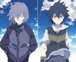  akusyu black_hair cloud hands_in_pockets jacket multiple_boys pokemon pokemon_(anime) purple_hair raglan_sleeves satoshi_(pokemon) serious shinji_(pokemon) sky vest wind 