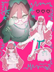  1girl 590kogure590 baobhan_sith_(fate) cernunnos_(fate) chair commentary fate/grand_order fate_(series) glasses hat high_heels highres long_hair needle nurse nurse_cap pointy_ears red_hair stethoscope untranslatable_commentary 
