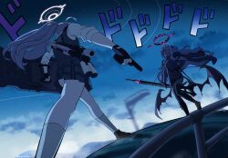  2girls absurdres ahoge ballistic_shield beretta_1301 beretta_92 blue_archive boots bulletproof_vest demon_girl demon_horns demon_wings dodododo explosive fingerless_gloves fluffy_hair gloves grenade gun halo handgun highres hina_(blue_archive) horns hoshino_(armed)_(blue_archive) hoshino_(blue_archive) jojo_no_kimyou_na_bouken kneehighs long_coat long_hair machine_gun meme mg42 miniskirt multiple_girls night nightingery official_alternate_costume oh?_you're_approaching_me?_(meme) parody pencil_skirt pink_hair plaid_clothes plaid_skirt ponytail ring_of_light_(blue_archive) school_uniform shield shoes shotgun skirt sky smoke_grenade socks stardust_crusaders tactical_school_uniform thigh-highs very_long_hair violet_eyes weapon white_hair wings 