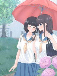  2girls arms_at_sides bag black_bag black_hair blue_eyes blue_sailor_collar blue_skirt blush breasts closed_mouth commentary_request couple cowboy_shot day dot_nose flower grass hands_up highres holding holding_bag holding_umbrella hydrangea long_hair multiple_girls neckerchief original outdoors pink_flower pleated_skirt rain red_umbrella sailor_collar school_bag school_uniform serafuku shirt short_hair short_sleeves shoulder_bag skirt smile standing straight_hair summer_uniform tree twinklemelon umbrella white_shirt yellow_neckerchief yuri 