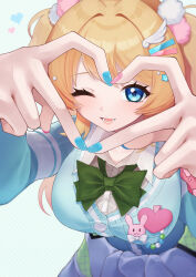  1girl aqua_cardigan blonde_hair blue_eyes blue_nails bow bowtie breasts cardigan clothes_around_waist commentary_request flute_melville four-finger_heart_hands green_bow green_bowtie gyaru hair_ornament heart heart_hands heart_ornament highres jacket jacket_around_waist large_breasts long_hair muv-luv muv-luv_girls_garden nail_polish one_eye_closed open_mouth pink_nails pom_pom_(clothes) pom_pom_hair_ornament rabbit_ornament shirt smile solo star_(symbol) star_hair_ornament suitchi._(user_trcd4334) teeth two_side_up upper_body white_shirt 