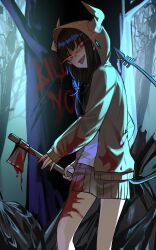  1girl asakura_karen_(heaven_burns_red) axe black_hair blood blood_on_clothes blood_on_leg blood_on_weapon chinese_commentary commentary_request english_text forest glowing glowing_eyes hatchet_(axe) heaven_burns_red highres holding holding_axe kr_woyue low_twintails nature night open_mouth red_eyes tail tongue tongue_out trash_bag tree twintails weapon 