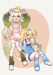  >_< 2girls :d alternate_costume bird blonde_hair blue_hairband blue_socks casual choker closed_eyes dokibird dokibird_(alt-girl_doki) dragoon_(dokibird) english_commentary fang full_body gin_gin_gitsune gradient_hair green_eyes green_hair green_hairband green_socks hair_ornament hairband hairclip highres holding indie_virtual_youtuber limealicious limon_(limealicious) long_hair long_sleeves loose_socks multicolored_hair multiple_girls one_eye_closed open_mouth shoes shorts side_ponytail skin_fang smile socks very_long_hair vinesauce white_hair white_shorts 
