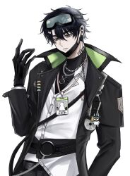  1boy bags_under_eyes barcode barcode_tattoo belt black_gloves black_hair black_jacket black_shirt cd chain chain_belt chain_necklace coat ear_piercing earrings gloves goggles goggles_on_head green_eyes hair_ornament hairclip highres id_card jacket jewelry kkong_o0 lanyard layered_clothes male_focus multiple_necklaces neck_tattoo necklace pearl_hair_ornament pearl_necklace piercing robo_frostor screw shirt simple_background skoshism stud_earrings tattoo trench_coat upper_body virtual_youtuber white_background white_shirt 