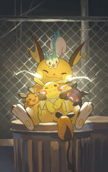  :3 bandana bandana_around_neck brown_eyes buck_teeth chain-link_fence closed_eyes closed_mouth colored_sclera dedenne electricity fence highres morpeko morpeko_(hangry) no_humans one_eye_closed open_mouth pachirisu pikachu pokemon pokemon_(creature) pokemon_focus raichu red_sclera sitting smile tail teeth trash_can white_bandana yamaori_(hakkentai_pokedan) 
