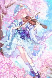  1girl absurdres blue_butterfly blue_hat blue_kimono blush bow_(music) bug butterfly cherry_blossoms chinese_commentary closed_eyes commentary_request facing_viewer flower frilled_kimono frills full_body hat highres holding holding_bow_(music) holding_instrument holding_violin instrument japanese_clothes kimono kozawa_kazahana long_sleeves mary_janes mob_cap music neck_ribbon pink_flower pink_hair playing_instrument purple_ribbon ribbon saigyouji_yuyuko shoes smile socks solo touhou tree triangular_headpiece violin white_socks wide_sleeves 