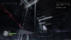  1girl absurdres building commentary from_behind health_bar highres kani_etizen03 long_hair original ruins scenery shadow solo user_interface white_hair 