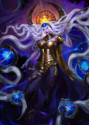  1girl baggy_pants black_pants blue_eyes blue_gem claina colored_skin gem giant glowing glowing_eyes glowing_object glowing_veins gold_corset halo halo_behind_head highres long_hair nebula orrery pale_skin pants path_of_exile planet purple_clouds purple_skin signature space the_maven very_long_hair white_hair 