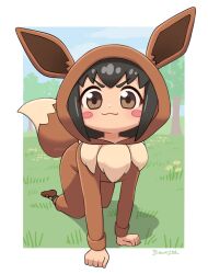  1girl :3 absurdres all_fours animal_ears artist_name bawnzee black_hair blush blush_stickers border brown_eyes closed_mouth cosplay crawling fake_tail full_body grass highres hood hood_up kigurumi loli long_sleeves looking_at_viewer outdoors outside_border poke_kid_(pokemon) pokemon short_hair signature sky smile solo tail tree v-shaped_eyebrows white_border 