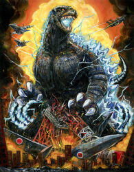  aircraft airplane city claws commentary_request destruction energy giant godzilla godzilla_(series) harikona highres kaiju monster no_humans oil_painting_(medium) open_mouth outdoors painting_(medium) red_eyes smoke traditional_media 