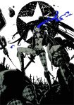  arm_cannon belt bikini_top black_hair black_rock_shooter black_rock_shooter_(character) boots chain chains checkered coat cross flat_chest glowing glowing_eyes huge_weapon long_hair midriff mmk monochrome navel scar shorts skull smile solo sword twintails weapon 