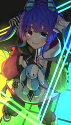  1girl @_@ absurdres ahoge animal_ears blue_eyes blue_hair blush brown_leggings coat commentary_request crossed_bangs dance_floor drawstring heterochromia highres hood hooded_coat hoodie horse_ears horse_girl horse_tail leggings long_hair long_sleeves looking_at_viewer multicolored_coat multicolored_hair multicolored_hoodie nodoameyatou open_mouth shar sharp_teeth smile solo stuffed_animal stuffed_rabbit stuffed_toy tail teeth twin_turbo_(blast_mode!_turbo_engine)_(umamusume) twin_turbo_(umamusume) twintails umamusume upper_teeth_only violet_eyes 