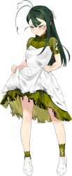  1girl antenna_hair blunt_bangs burnt_clothes dress full_body green_eyes green_hair green_shirt green_socks kantai_collection layered_dress official_art pout shirt shoes socks solo sugi_(anniversary)_(kancolle) sugi_(kancolle) transparent_background umihara_sakana white_dress white_shoes 