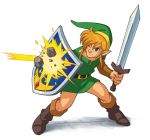  a_link_to_the_past belt blonde_hair blue_eyes boots cap hylian link male official_art pointy_ears shield simple_background sleeves sword the_legend_of_zelda tunic 