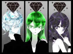  3others alternate_costume alternate_hairstyle androgynous antarcticite bare_shoulders black_dress black_eyes black_hair black_nails black_shirt black_wrist_cuffs blue_eyes blue_hair closed_mouth collared_shirt colored_eyelashes colored_skin column_lineup commentary_request crystal_hair diamond_(shape) dot_mouth double-parted_bangs dress easty english_commentary expressionless eyelashes fingernails gradient_background green_eyes green_hair grey_background hair_between_eyes houseki_no_kuni index_finger_raised jade_(houseki_no_kuni) korean_text long_hair long_sleeves looking_at_viewer medium_hair mixed-language_commentary multicolored_eyes multicolored_hair multiple_others nail_polish obsidian_(houseki_no_kuni) other_focus purple_hair shirt short_hair sleeveless sleeveless_dress sparkle translation_request tsurime turtleneck turtleneck_dress turtleneck_shirt violet_eyes white_eyes white_hair white_skin wrist_cuffs 