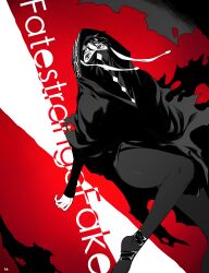  1girl absurdres bodystocking cloak commentary_request copyright_name fate/strange_fake fate_(series) greyscale highres hood hood_up long_hair long_sleeves mitsurugi_sugar monochrome mouth_veil no_name_assassin_(fate) red_background solo veil 