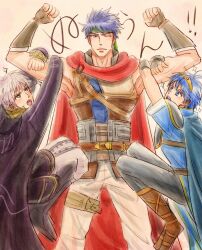  3boys blue_eyes blue_hair brown_eyes closed_mouth commentary_request double_biceps_pose fire_emblem fire_emblem:_mystery_of_the_emblem fire_emblem:_radiant_dawn fire_emblem_awakening flexing green_headband headband highres ike_(fire_emblem) male_focus male_robin_(fire_emblem) marth_(fire_emblem) multiple_boys nijoinshizuku one_eye_closed open_mouth tiara translation_request 