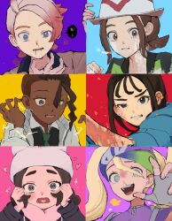 2boys 4girls @_@ absurdres ansha_(pokemon) attract_(pokemon) bird black_coat black_hair blonde_hair blue_background blue_eyes blue_hoodie blush brown_hair brown_jacket burn_scar burning burnt_clothes child clenched_teeth coat collared_shirt commentary confusion_(pokemon_status_condition) dark-skinned_male dark_skin dreadlocks electricity fingerless_gloves frostbite gloves gradient_hair green_necktie grey_gloves hands_on_own_face harmony_(pokemon) hat headband heart heart-shaped_pupils heart_in_mouth highres hood hoodie jacket korrina_(pokemon) lida_(pokemon) multicolored_hair multiple_boys multiple_girls naveen_(pokemon) necktie open_mouth outside_border paralysis pink_background pink_scarf poisoned pokemon pokemon_legends:_z-a portrait purple_background red_background red_hair sakanam44566387 scar scar_on_arm scar_on_face scarf seeing_stars shirt short_hair striped_hat symbol-shaped_pupils tears teeth thick_eyebrows torn_clothes trilby urbain_(pokemon) violet_eyes white_hat white_jacket wispy_bangs yellow_background 